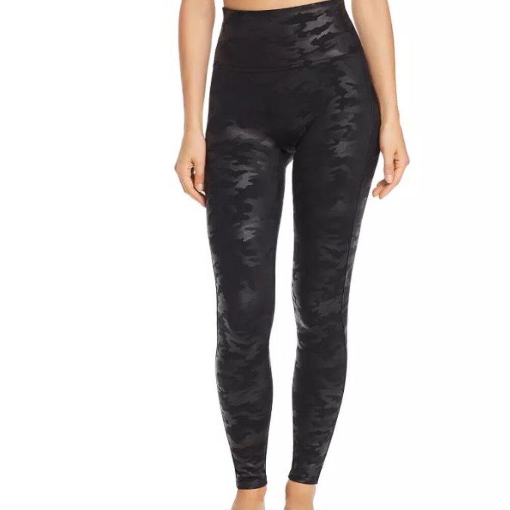 Spanx Faux Leather Camo Leggings Womens Small S Black Casual Stretch Nylon QQ01